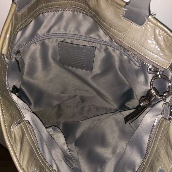 Coach Glossy Patent Leather Taupe Tote with Laser Cut Monogram Logo - Picture 11 of 16